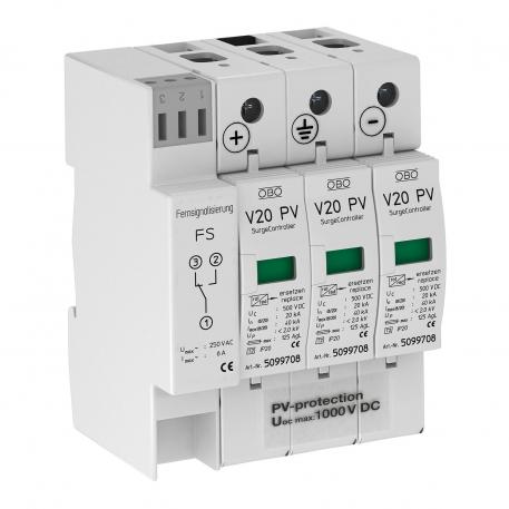 Protection contre les surtensions PV V20, 1000 V DC avec report d'alarme 3 | IP20